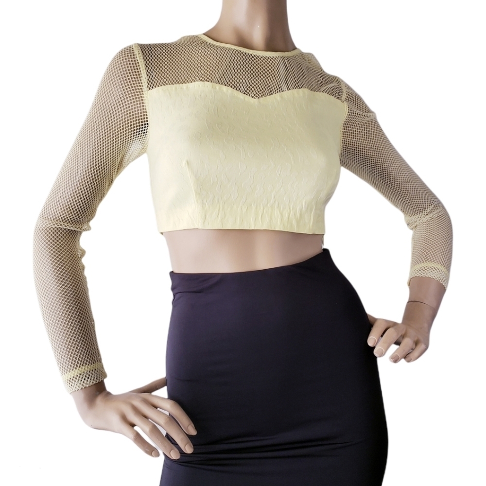 HYPR Yellow Mesh Long Sleeve Embossed Animal Print Crop Top